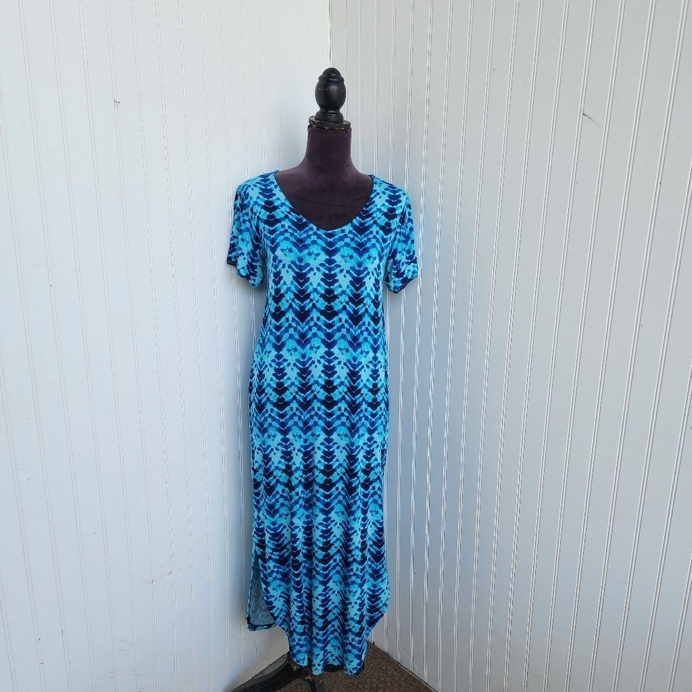 Colleen Lopez Maxi Dress Womens Navy Blue Stretchy Short Sleeve V-Neck Long XSP